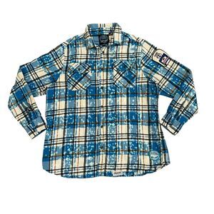 Angry Minnow Hamm's Beer Men’s Plaid Flannel Shirt XL Blue Patch Long Sleeve